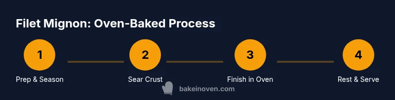 Infographic showing 4-step process for oven-baked filet mignon: prep, sear, finish, rest