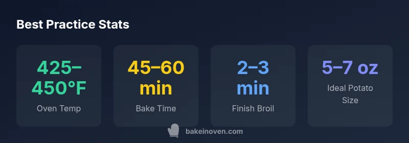 Infographic showing oven temperatures, bake times, and potato size guidelines