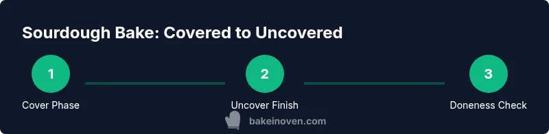 Infographic showing three-step process for sourdough bake: cover, uncover, test
