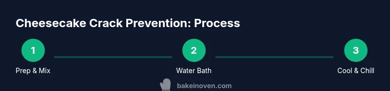 Process infographic showing prep, water bath, and cooling steps for crack-free cheesecake